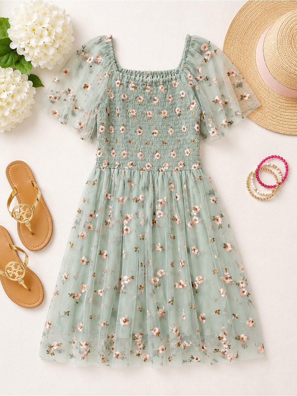 Sage Green Floral Embroidered Tulle Dress
